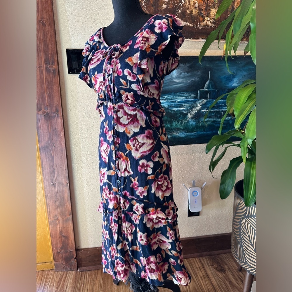 Band Of Gypsie Boho Floral Maxi Dress XS Navy Pink 100% Viscose Resort Coastal - Picture 6 of 15
